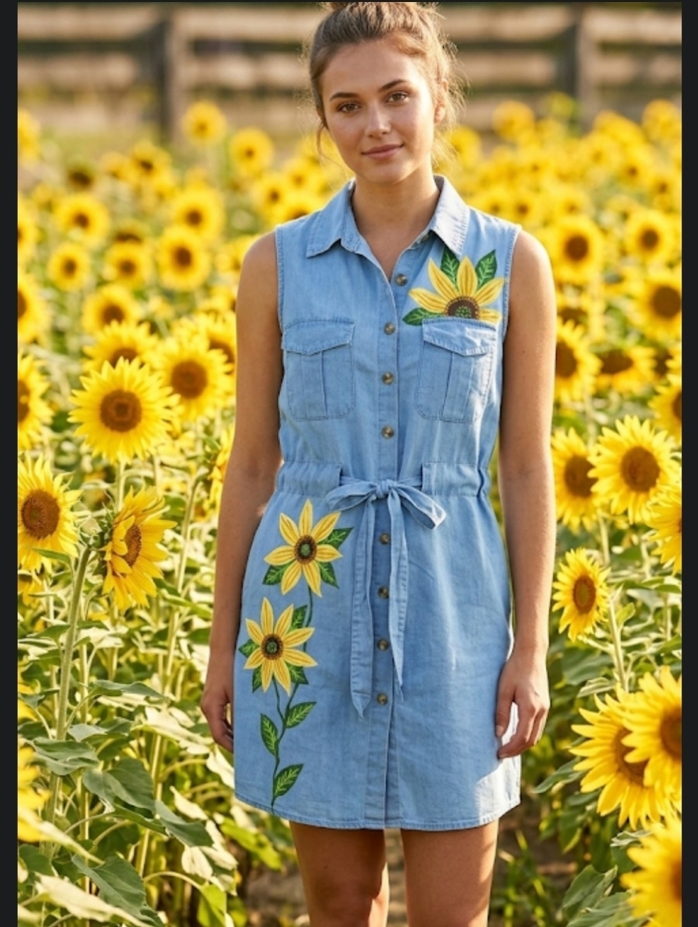 Handpainted sunflower chambray shirt dress XL one of a kind original